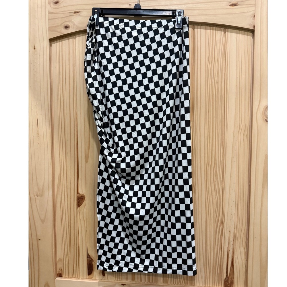 Black White Checkered Ruched Midi Skirt Side Slit Large Plus Stretch Jersey